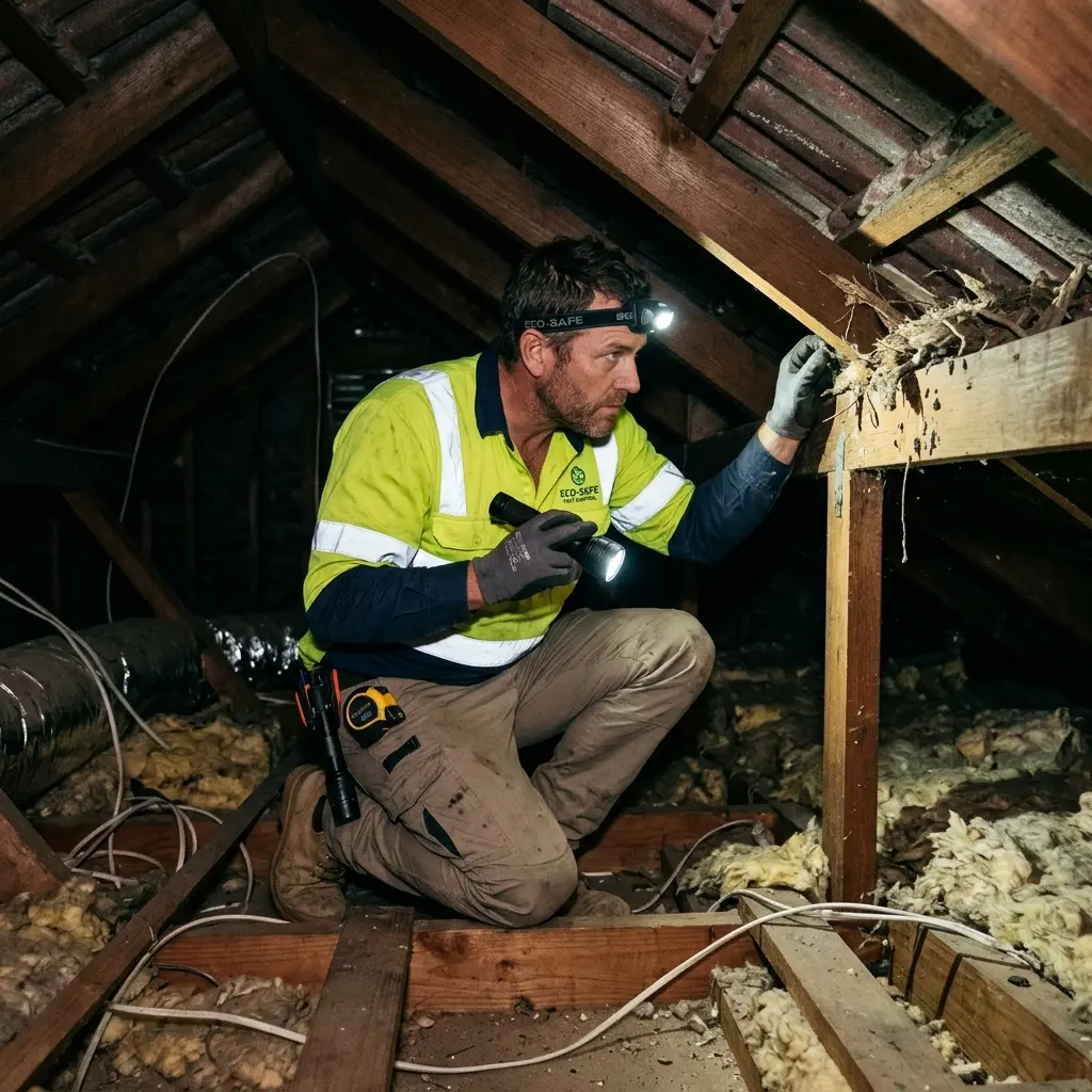 Technician inspecting a Queenscliff subfloor void for a deceased cat