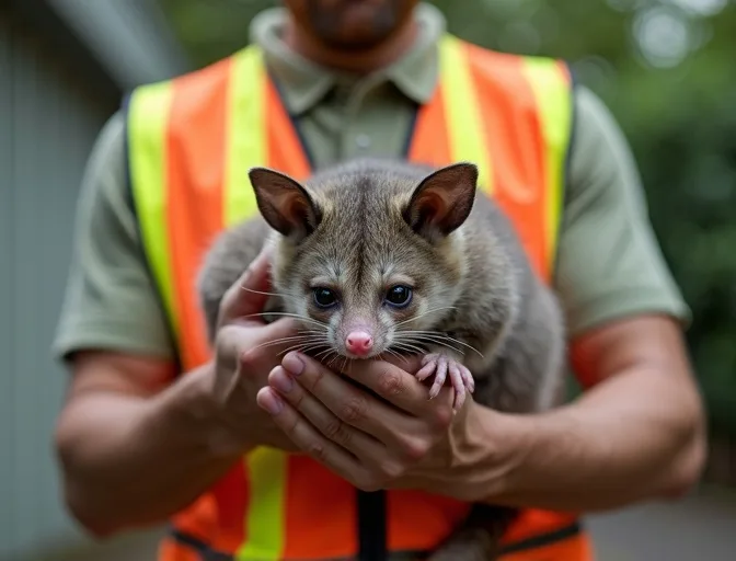 Animal handler safely recovering a deceased possum in Queenscliff